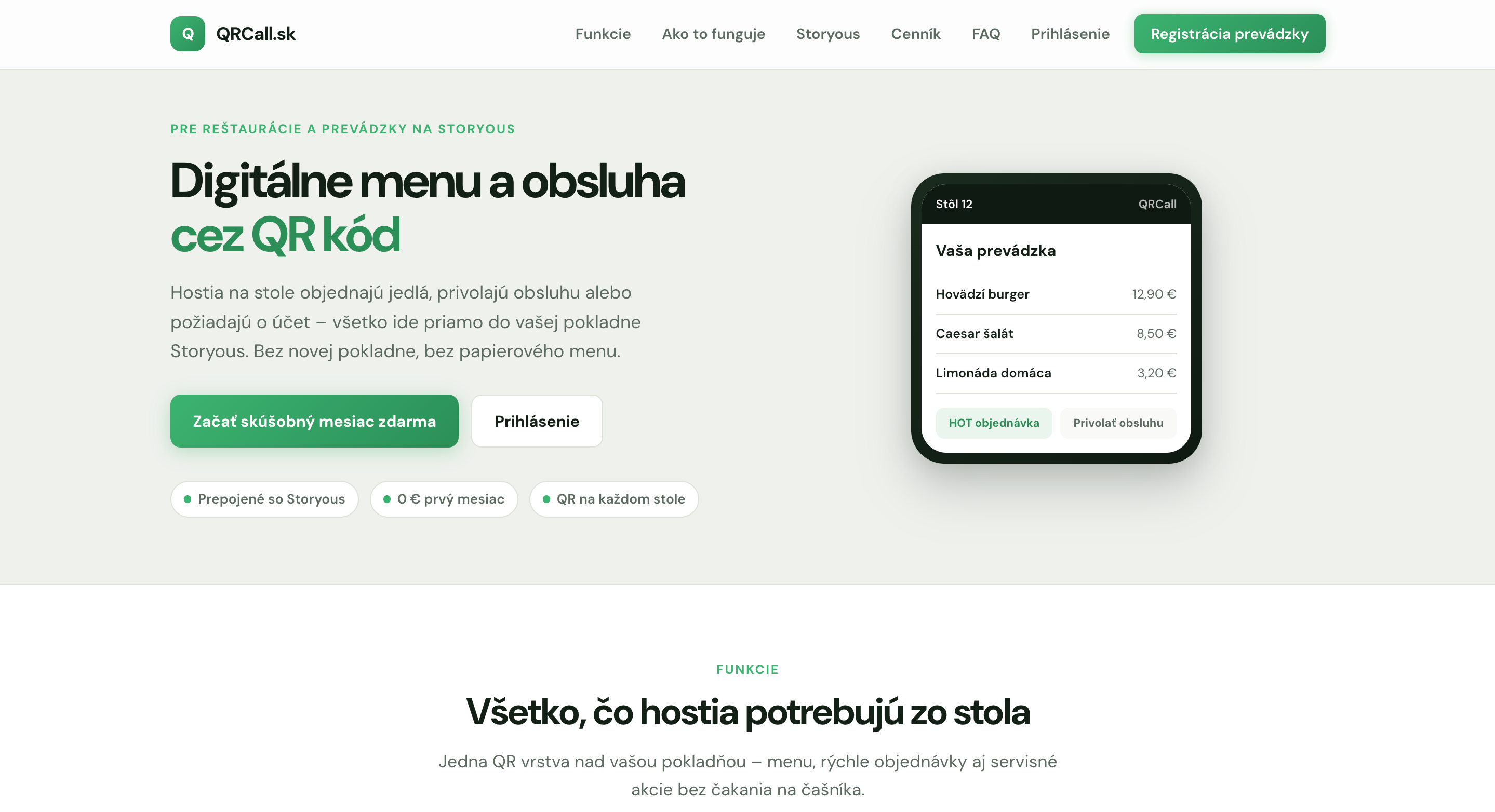 Náhľad projektu QRCall.sk — digitálne menu cez QR kód